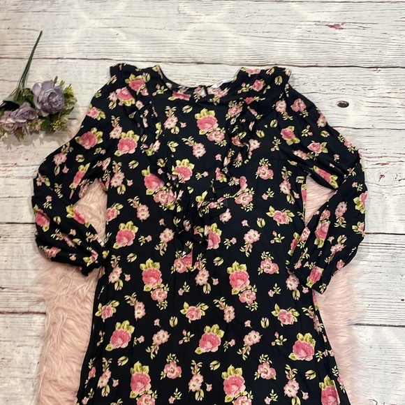 Zara Black Pink Floral Ruffle 3/4 Sleeve Mini Dress - Picture 6 of 9